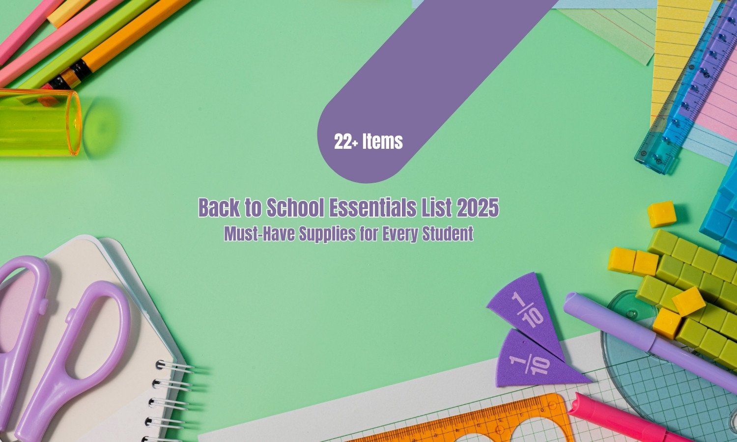 list of school supplies including notebooks, pens, backpack, and lunchbox arranged on a desk for a back to school essentials list 2025