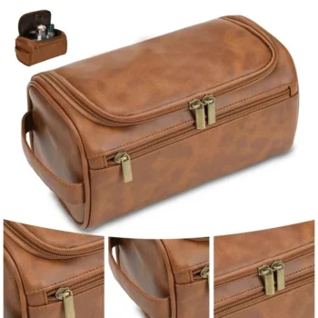 Leather Toiletry Bag for Men & Women – Hanging Waterproof Dopp Kit Travel Organizer for Shaving, Makeup & Cosmetics