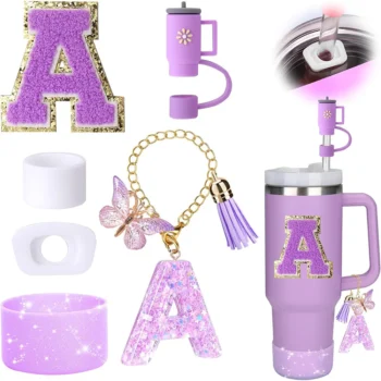 6PCS Stanley Cup Accessories Set for 40oz Tumbler with Handle – Silicone Straw Topper, Cup Boot, Spill-Proof Stopper & Charms