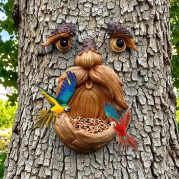 Tree Face Bird Feeder Outdoor – Glow in the Dark Eyes Old Man Tree Hugger Garden Lawn Ornament Yard Art